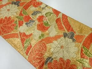 アンティーク　菊に牡丹・古典柄模様織出し袋帯（着用可）